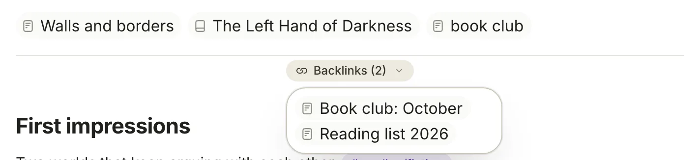 Under a note's properties: chips for the links in this note, then a Backlinks (2) button open on Book club: October and Reading list 2026.