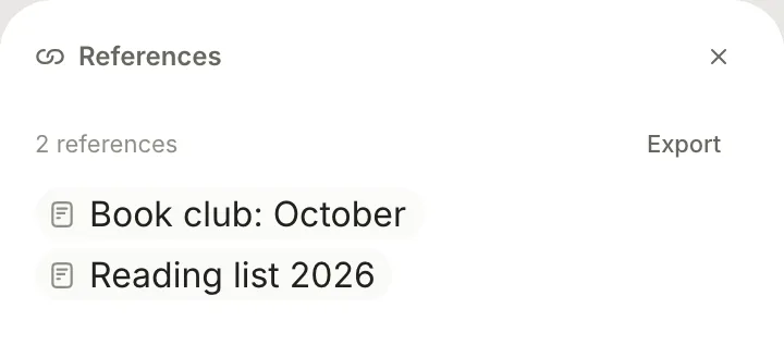 The References panel: 2 references, an Export button, and Book club: October and Reading list 2026.