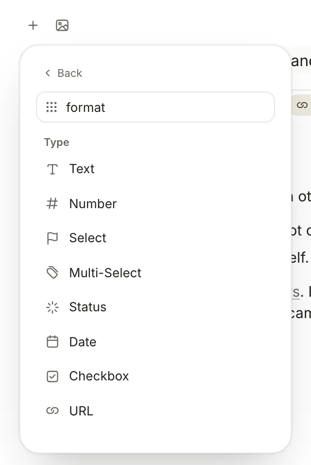 The Add property menu: a Back link, the name format typed in, and a list of types from Text to URL.