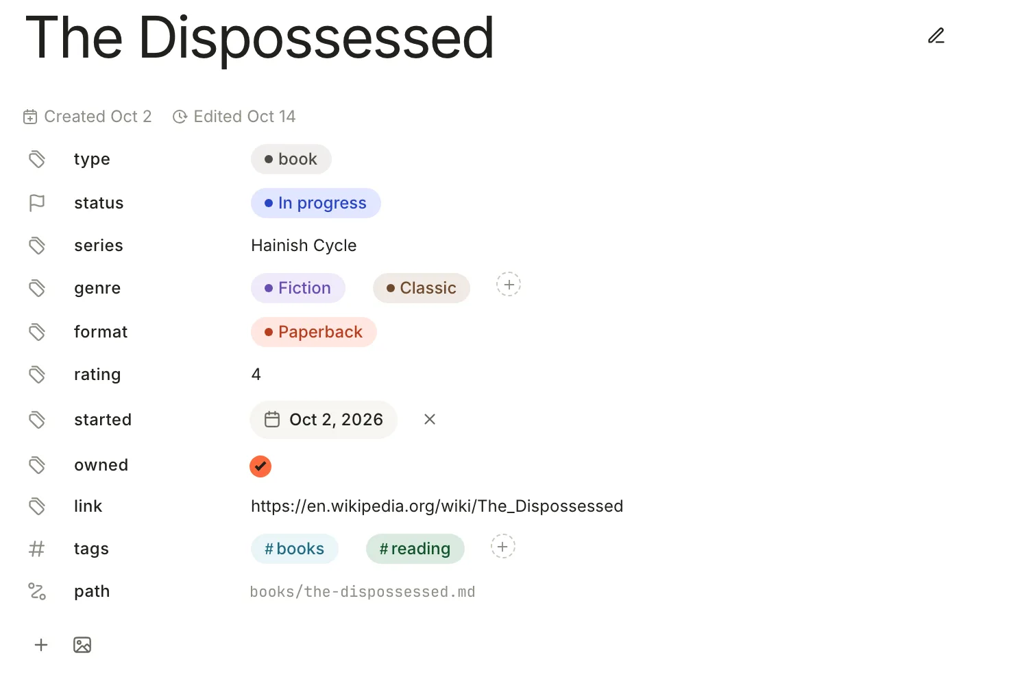 A book note titled The Dispossessed. Under the title: Created Oct 2, Edited Oct 14, then rows for type, status, series, genre, format, rating, started, owned, link, tags and path.