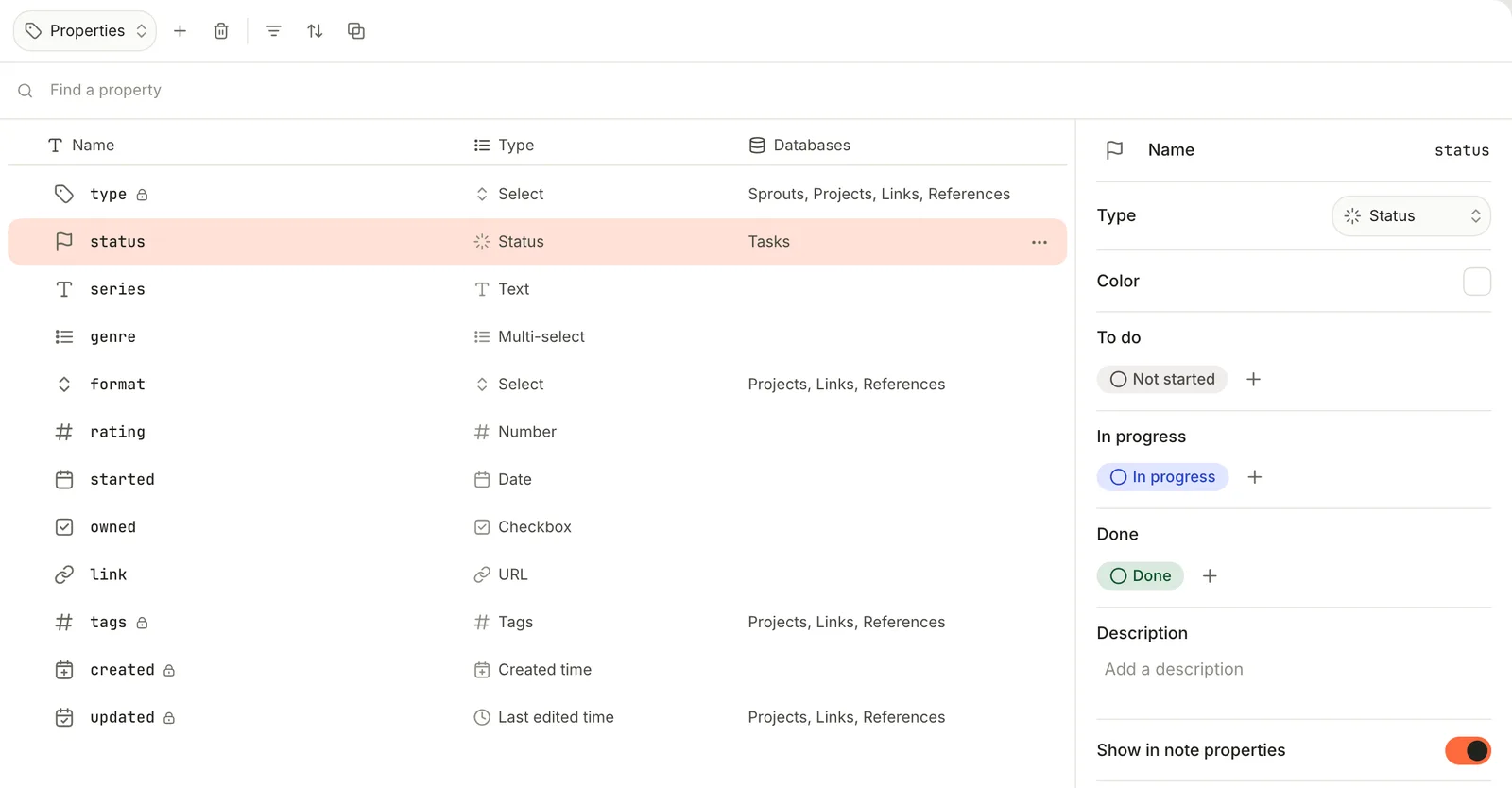 The Property Manager listing type, status, series, genre, format, rating, started, owned, link, tags, created and updated. status is selected, with its Type, Color and its options under To do, In progress and Done.