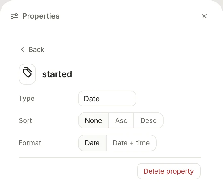 The Properties panel showing the settings for the started property: Type Date, Sort None, Asc or Desc, and Format Date or Date + time.