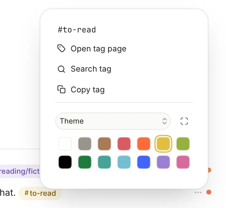 The menu for #to-read: Open tag page, Search tag, Copy tag, and a grid of colours with yellow selected.