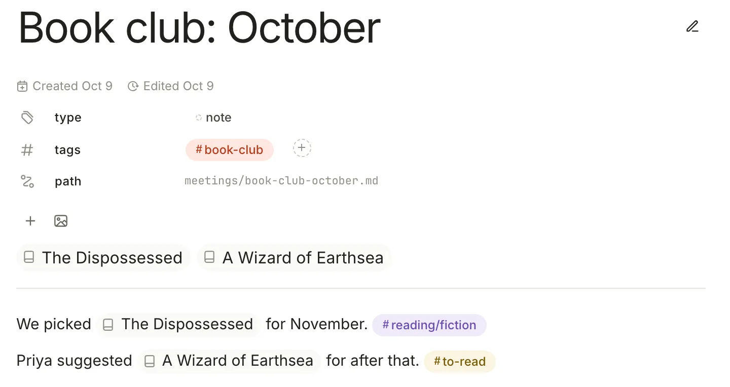 A note titled Book club: October. The tags row under the title holds #book-club; the text below has #reading/fiction and #to-read at the end of two sentences.