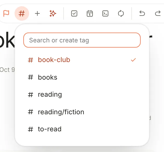 The Tag note button in the editor toolbar, open, with a Search or create tag field above book-club (ticked), books, reading, reading/fiction and to-read.