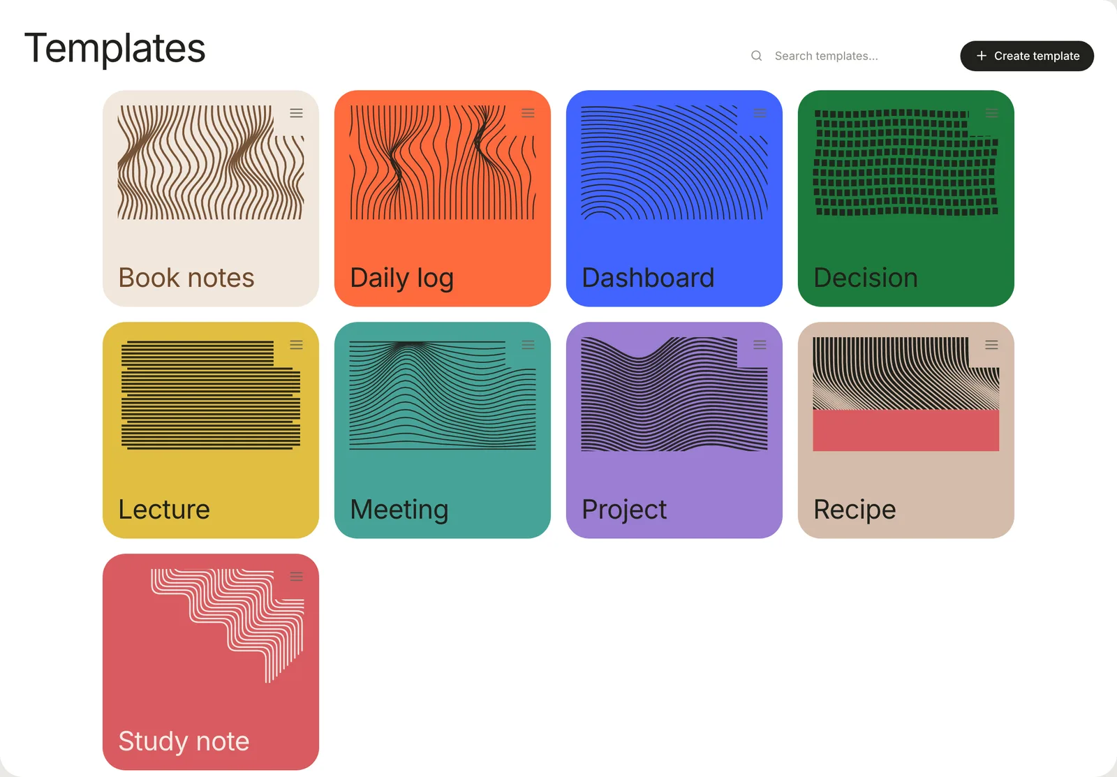 The Templates page: a Search templates field, a Create template button, and cards for Book notes, Daily log, Dashboard, Decision, Lecture, Meeting, Project, Recipe and Study note.