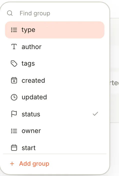 The Show boards as menu listing properties, with status ticked and Add group at the bottom.