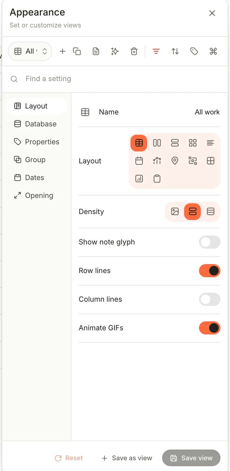 View preferences, Layout tab, showing twelve layout icons and display options.