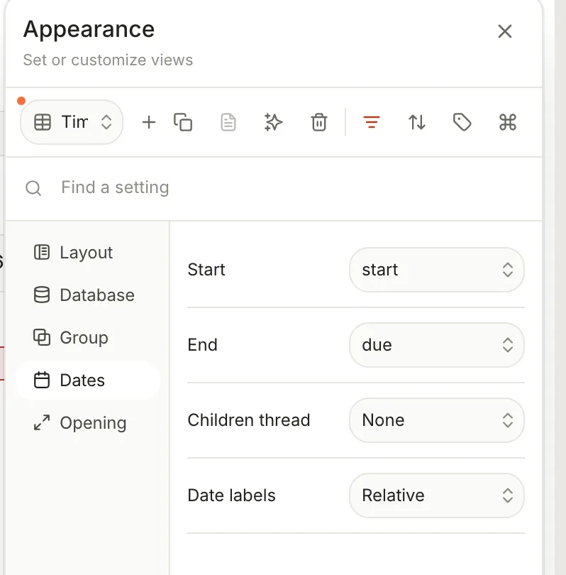 View preferences, Dates tab, with Start set to start, End set to due, Children thread None and Date labels Relative.