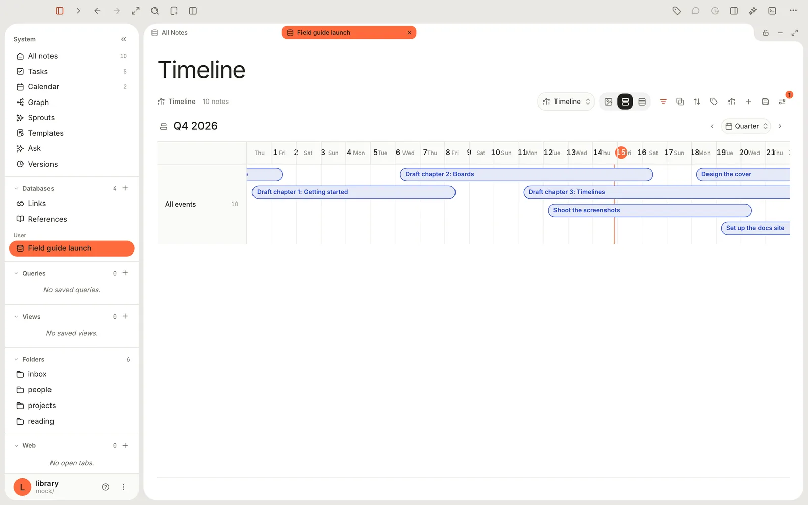 The Timeline view for Q4 2026 showing overlapping bars for the drafting chapters, the screenshots and the cover design, with a red line on October 15.
