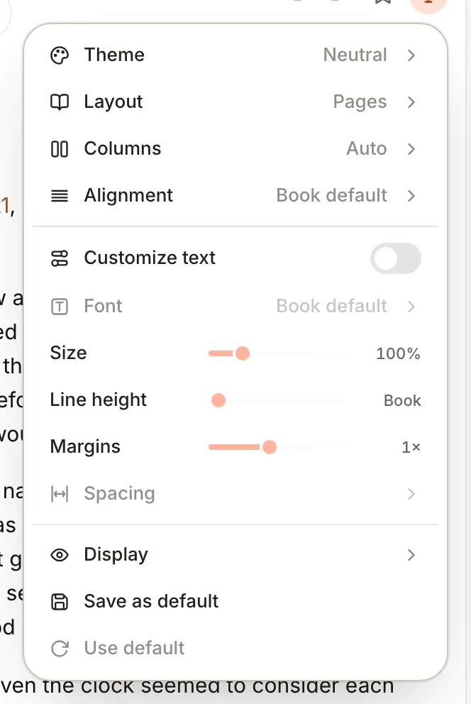 The Reader appearance menu with Theme, Layout, Columns, Alignment, Customize text, Font, Size, Line height, Margins, Spacing, Display, Save as default and Use default.