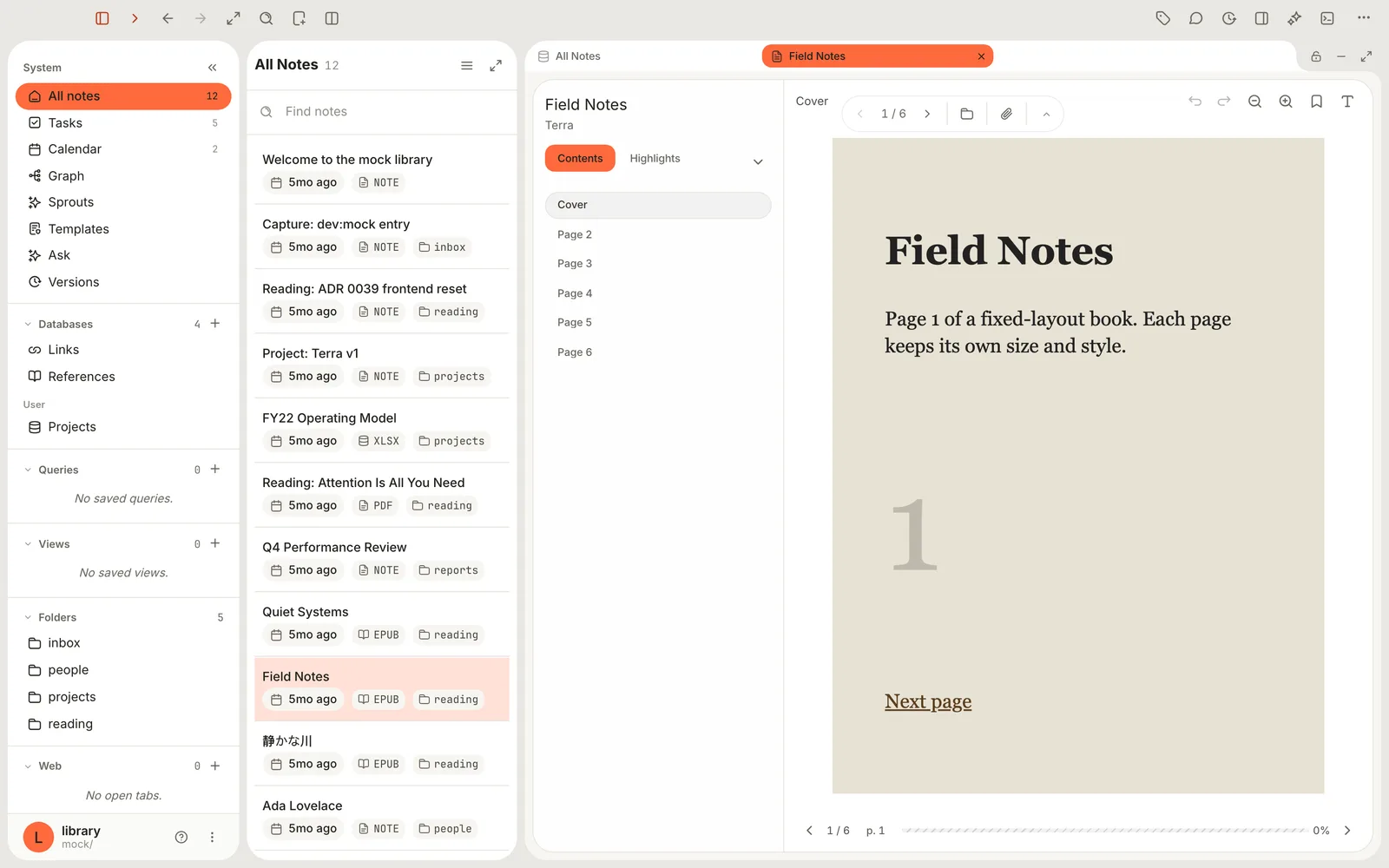 A fixed-layout book called Field Notes showing a full printed page, with zoom buttons at the top.