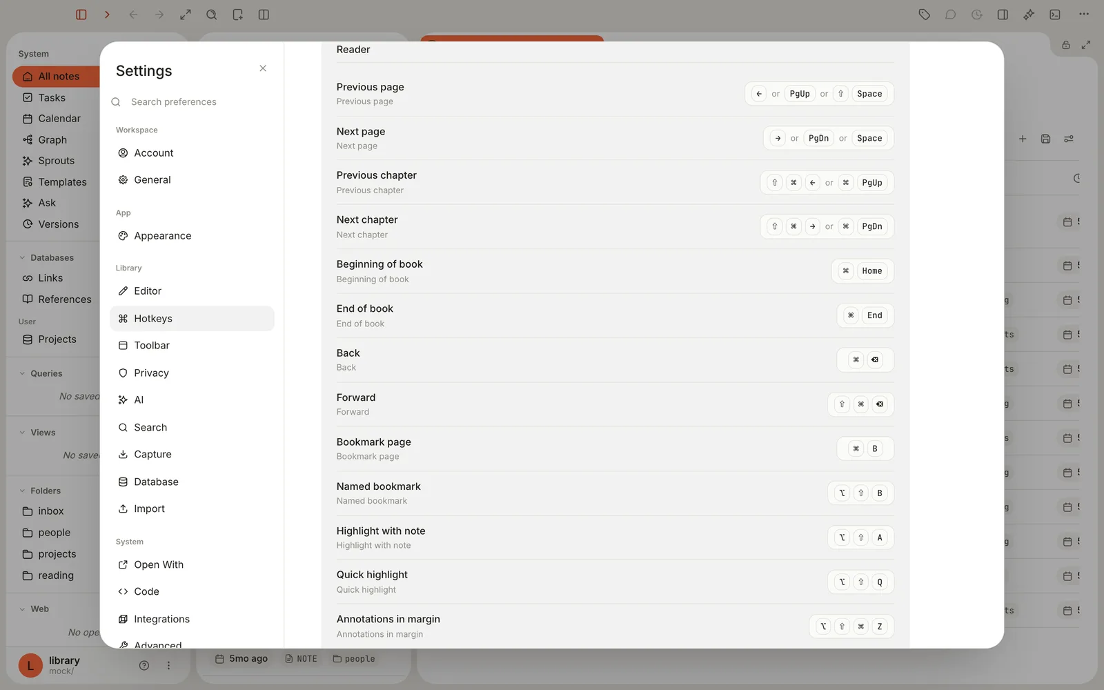 Settings, Hotkeys pane, showing the Reader shortcuts from Previous page to Annotations in margin.