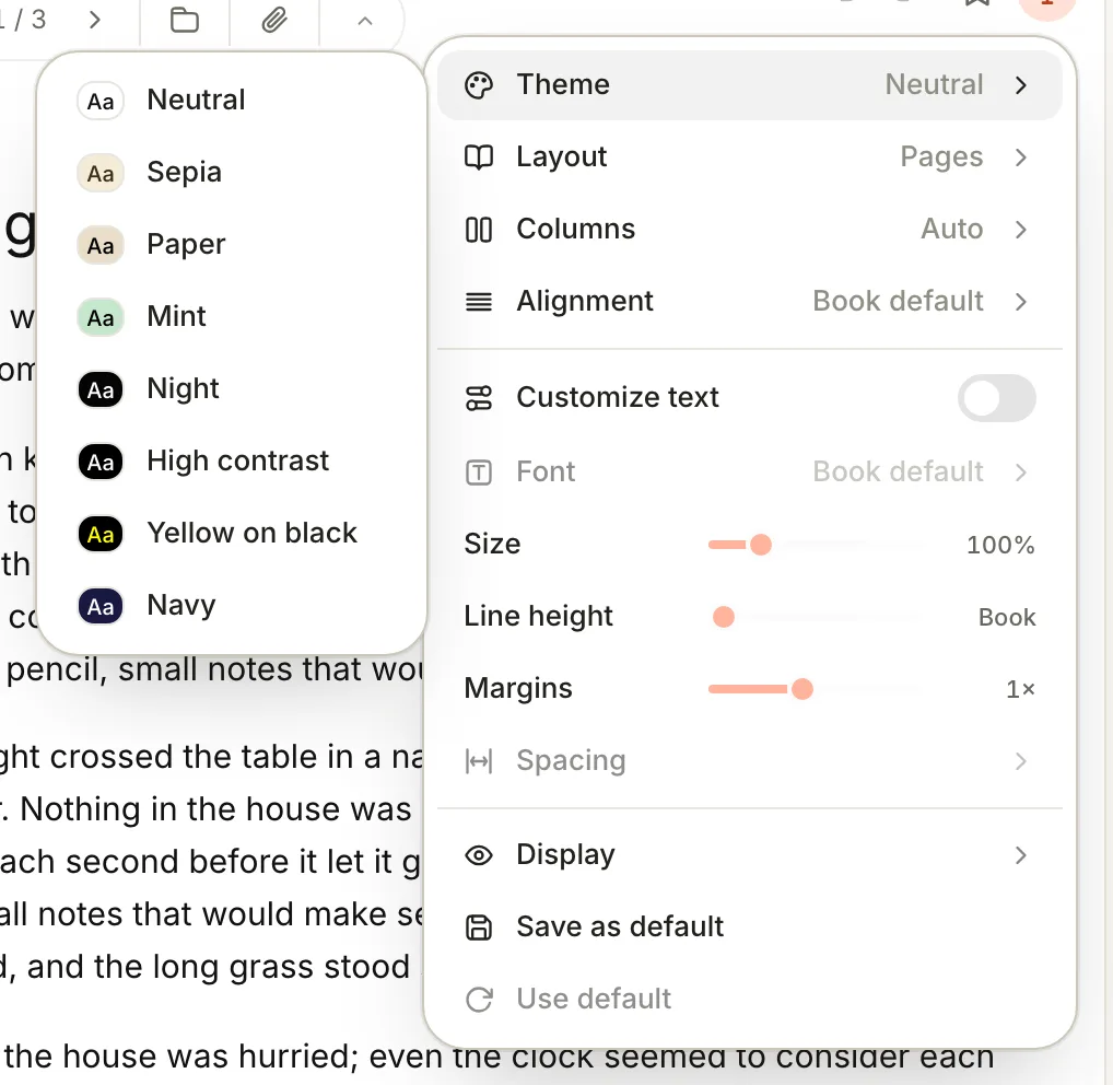 The Theme submenu showing eight themes, each with an Aa preview.