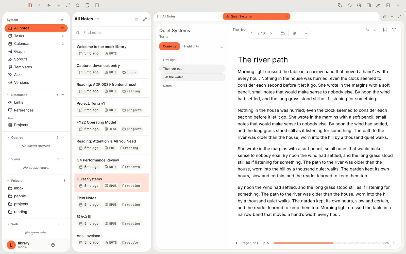 The reader after jumping to The river path chapter, with the chapter highlighted in Contents and the progress bar at 56 percent.