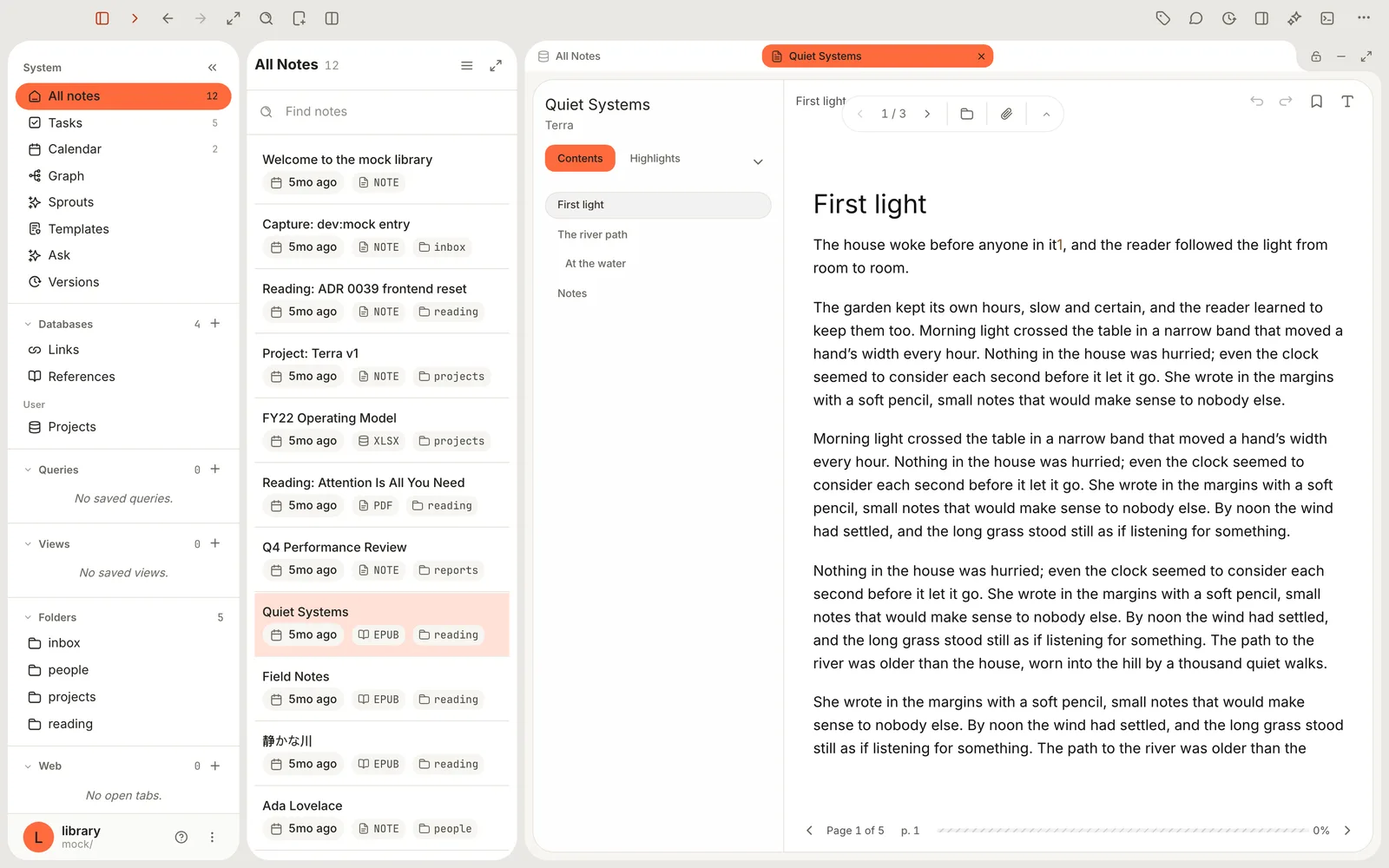 The Quiet Systems book open in the reader: the Contents list on the left, the first chapter on the right and a progress bar along the bottom.