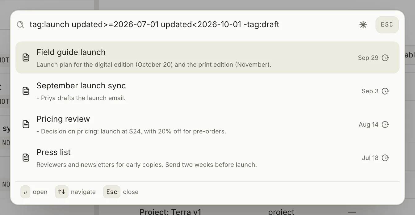 Search results for tag:launch updated>=2026-07-01 updated<2026-10-01 -tag:draft: four notes with last-edited dates from Sep 29 to Jul 18 on the right.