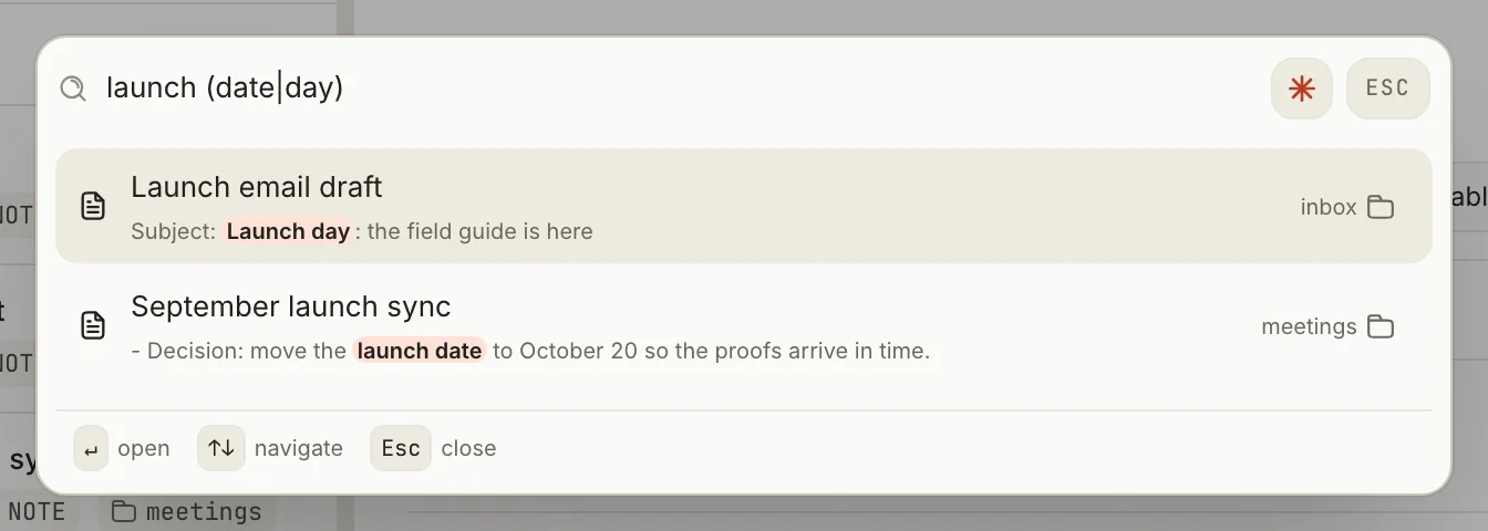 The search window with Regex on and launch (date|day) typed. Two results, with Launch day and launch date highlighted.