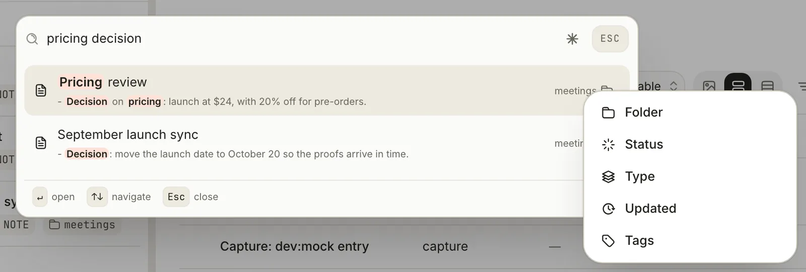 The menu that opens from a result's folder value, listing Folder, Status, Type, Updated and Tags.
