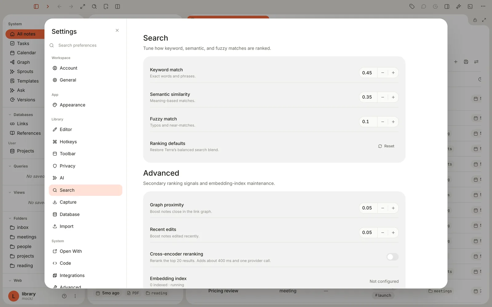 Settings, Search pane: Keyword match 0.45, Semantic similarity 0.35, Fuzzy match 0.1 and Ranking defaults with a Reset button; under Advanced, Graph proximity, Recent edits, Cross-encoder reranking and Embedding index.