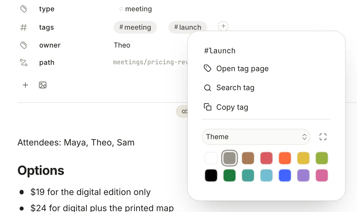 A tag pill's menu headed #launch, with Open tag page, Search tag, Copy tag and a palette of tag colors.