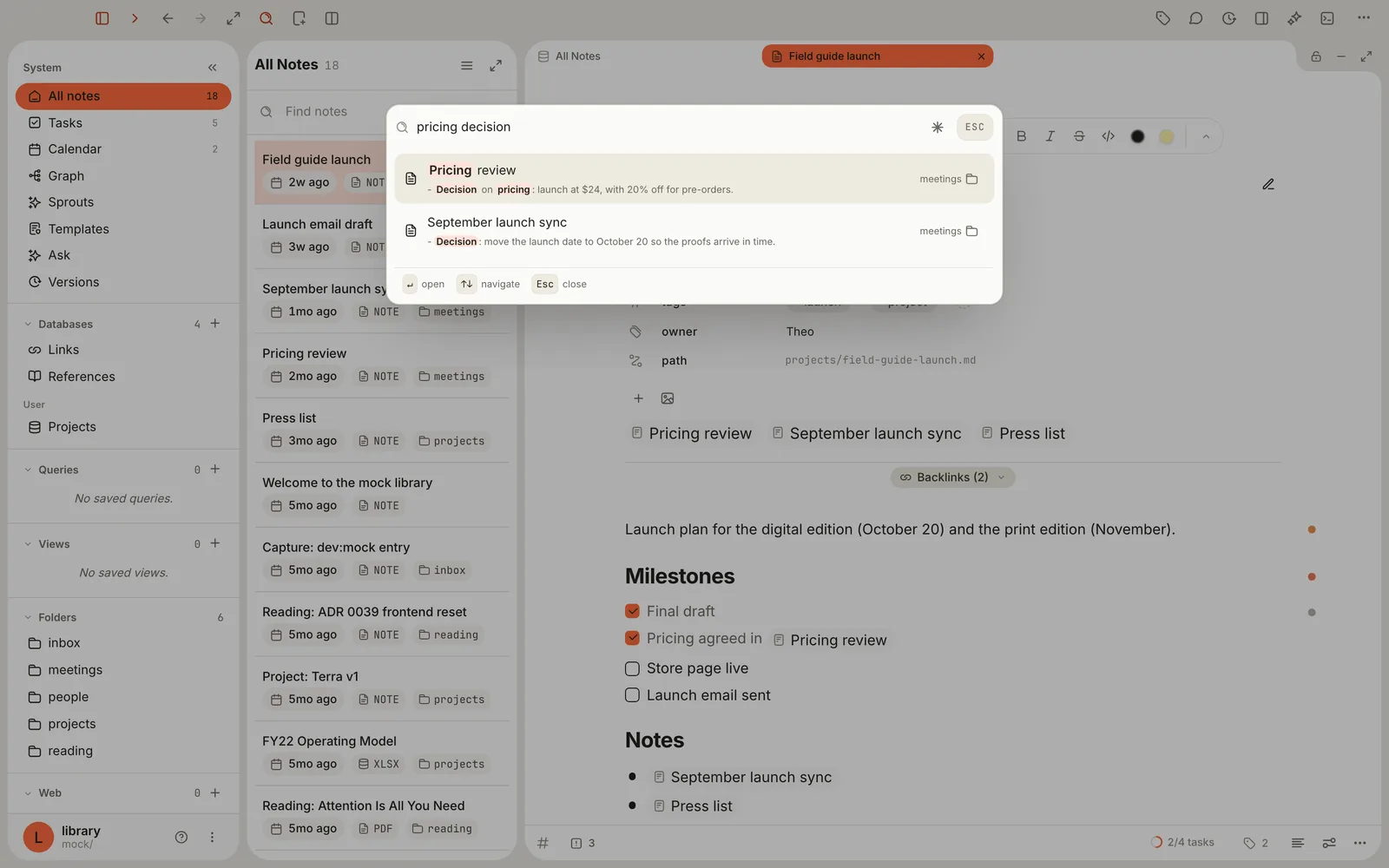 The search window over an open note, with pricing decision typed. Two results: Pricing review and September launch sync, each with its matching line and the folder meetings.