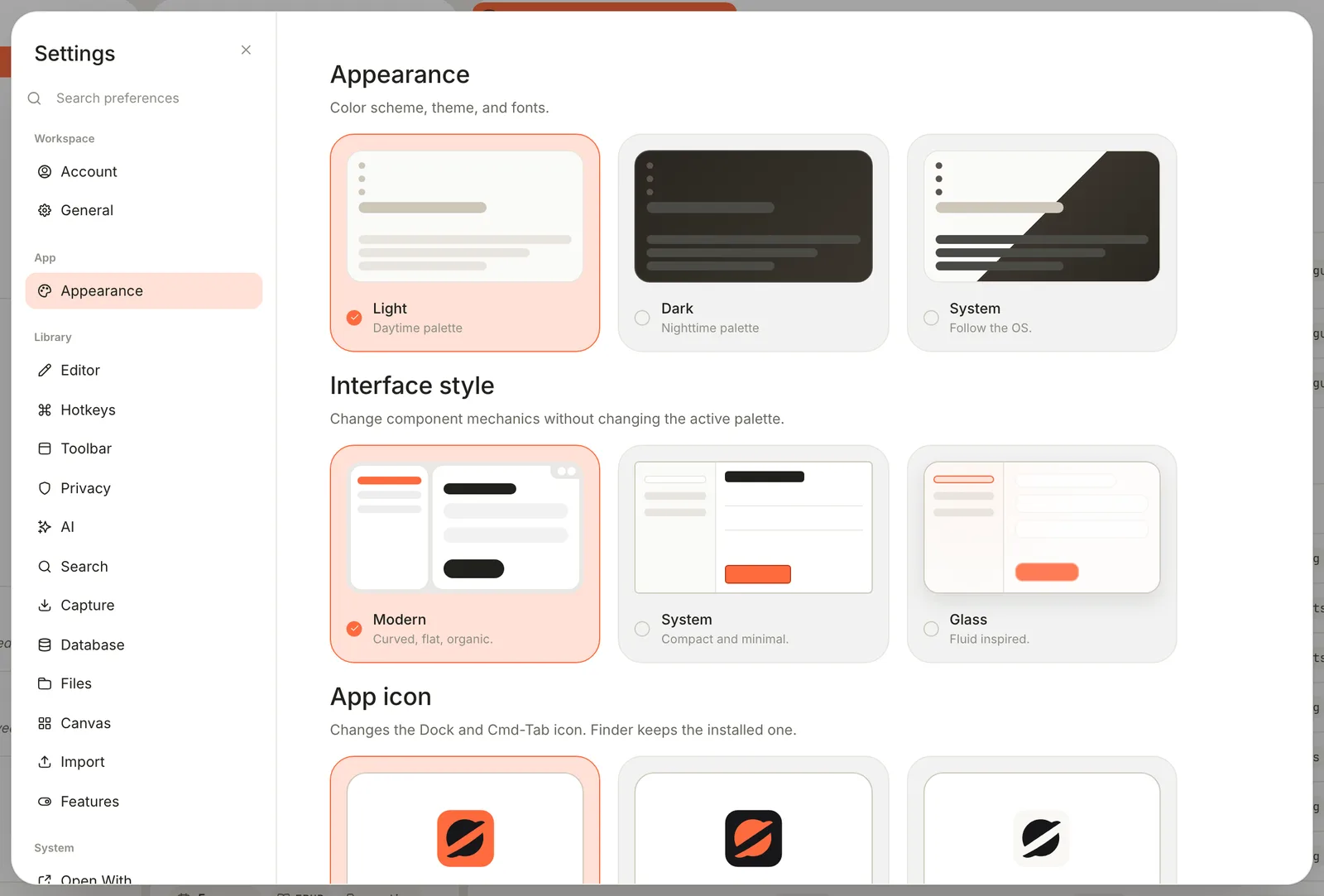Settings, Appearance pane: Light, Dark and System at the top, then the Interface style choices Modern, System and Glass, and the start of App icon.