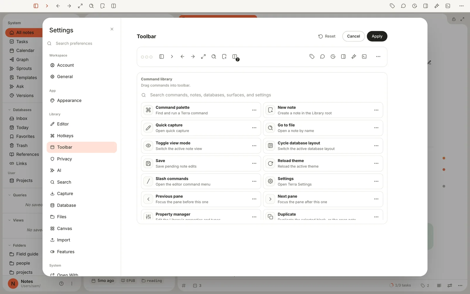 Settings, Toolbar pane: Reset, Cancel and Apply at the top, a preview of the toolbar, and the Command library with commands such as Command palette, New note and Go to file.