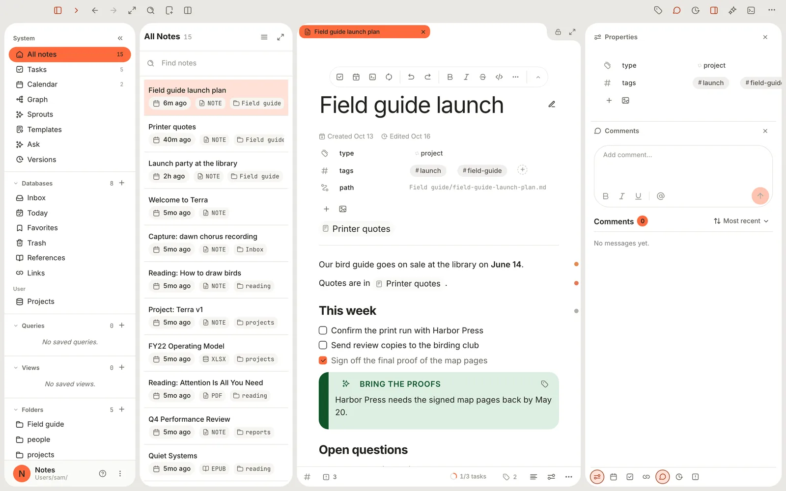 The panel on the right with the Properties and Comments sections open beside the launch plan.