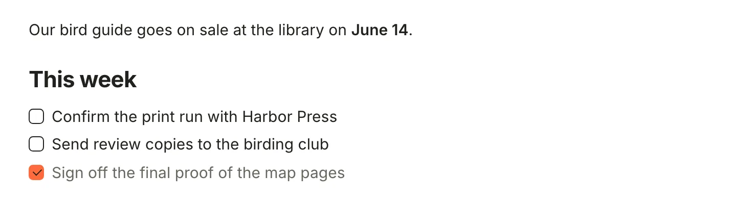 The note body: a sentence ending in a bold June 14, the heading This week, and three to-dos, the last one checked.