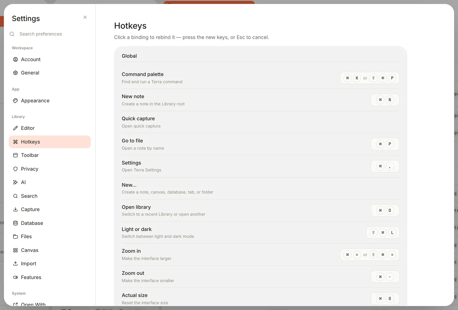 Settings, Hotkeys pane, showing the Global group: Command palette, New note, Quick capture, Go to file, Settings, New…, Open library, Light or dark, Zoom in, Zoom out and Actual size, each with its keys.