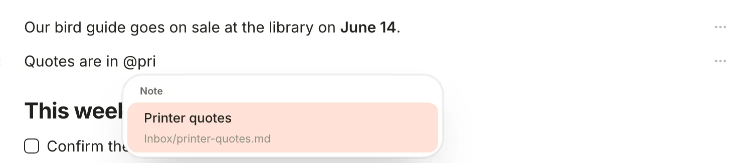 The plan note with Quotes are in @pri typed on the second line, and a popover listing Printer quotes under Note.