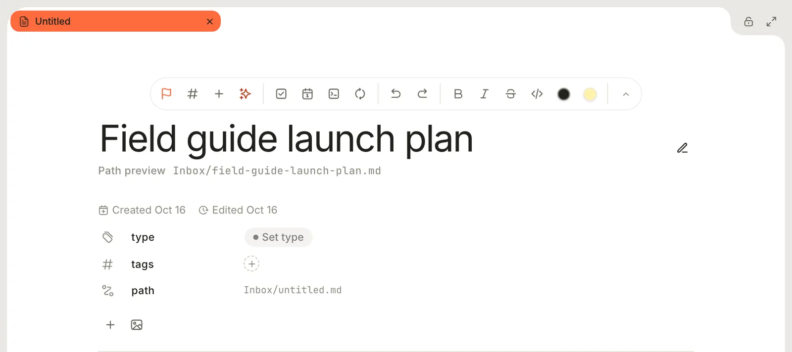 A new note with Field guide launch plan typed as its title. Below the title, Path preview reads Inbox/field-guide-launch-plan.md, while the path property still says Inbox/untitled.md.