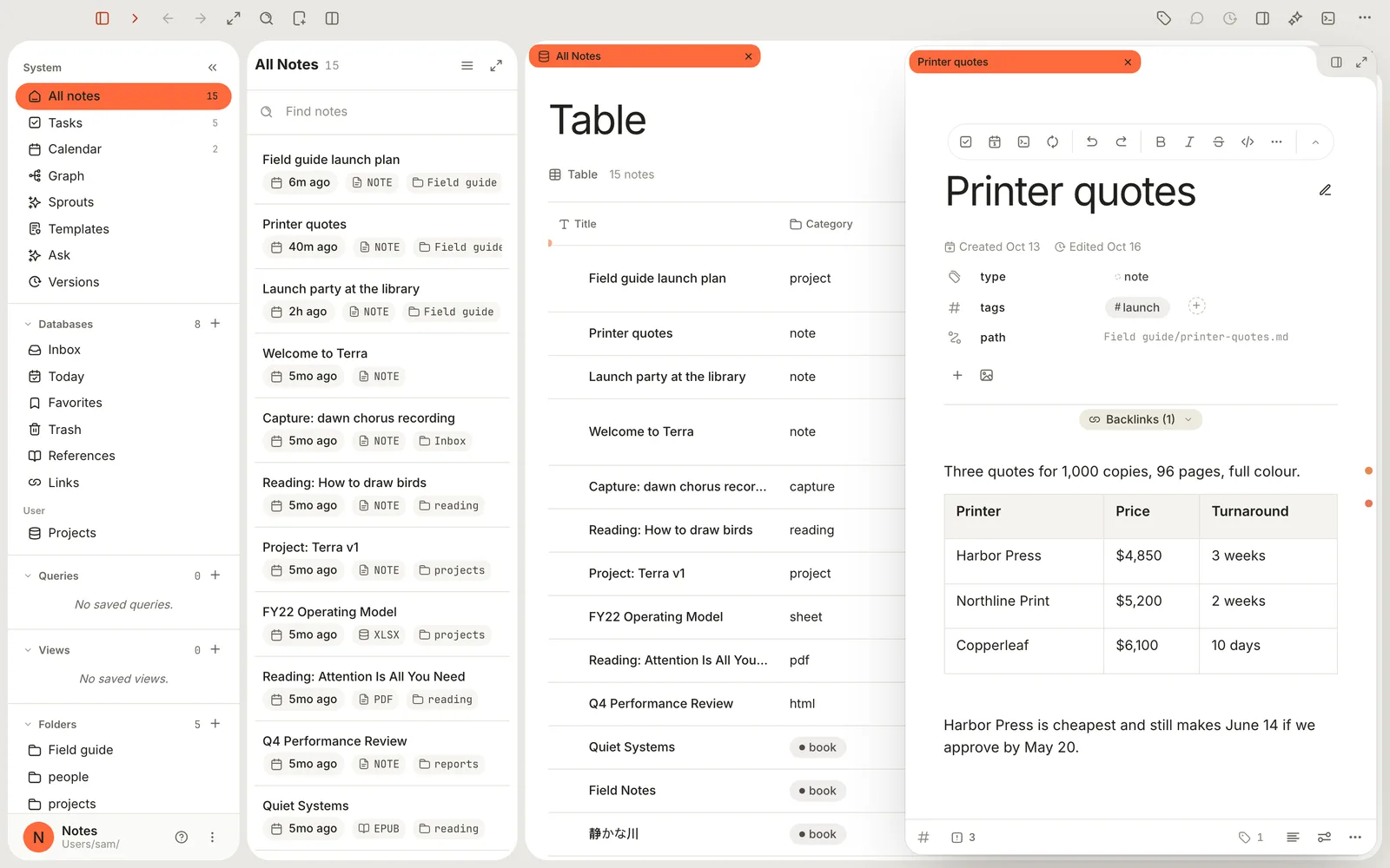 A table of notes in the main pane, with Printer quotes open in a peek docked on the right.