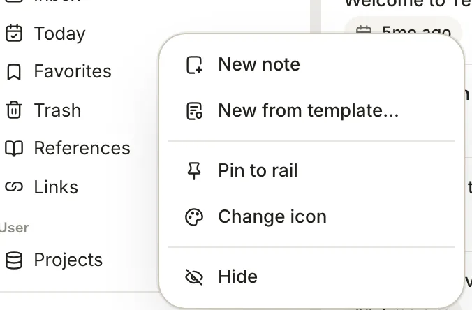 The right-click menu of the Today database in the sidebar: New note, New from template, Pin to rail, Change icon and Hide.