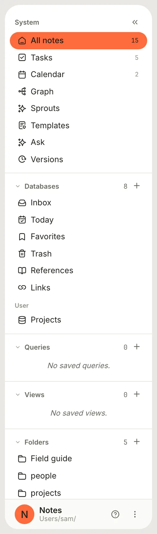 The sidebar: System rows from All notes to Versions, then the Databases, Queries, Views and Folders sections, and the Library's name at the bottom.