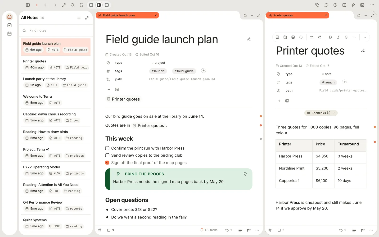 Two panes side by side in the 60 / 40 layout: the launch plan on the left and Printer quotes on the right. The sidebar is folded into the rail.