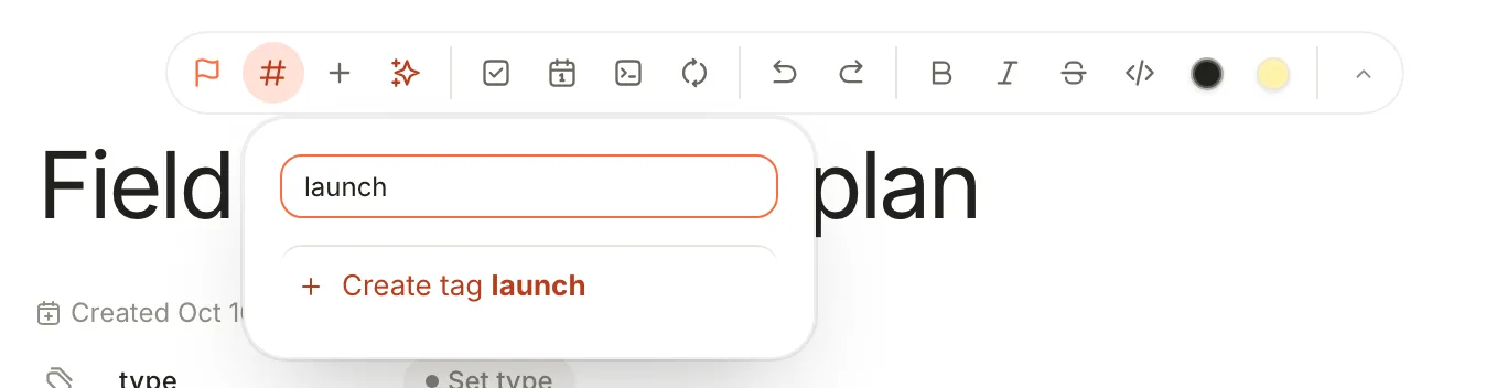 The Tag note picker open under the editor toolbar, with launch typed and the option Create tag launch.