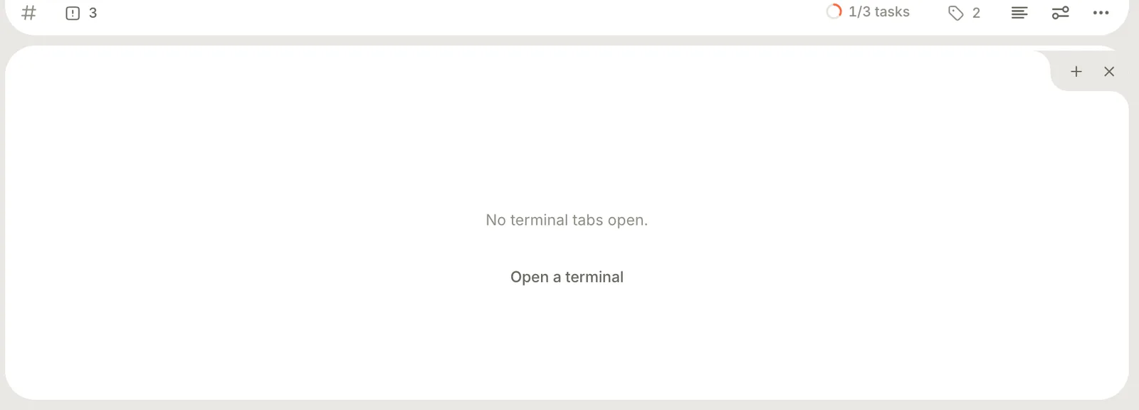 The terminal panel under a note, reading No terminal tabs open, with an Open a terminal button.