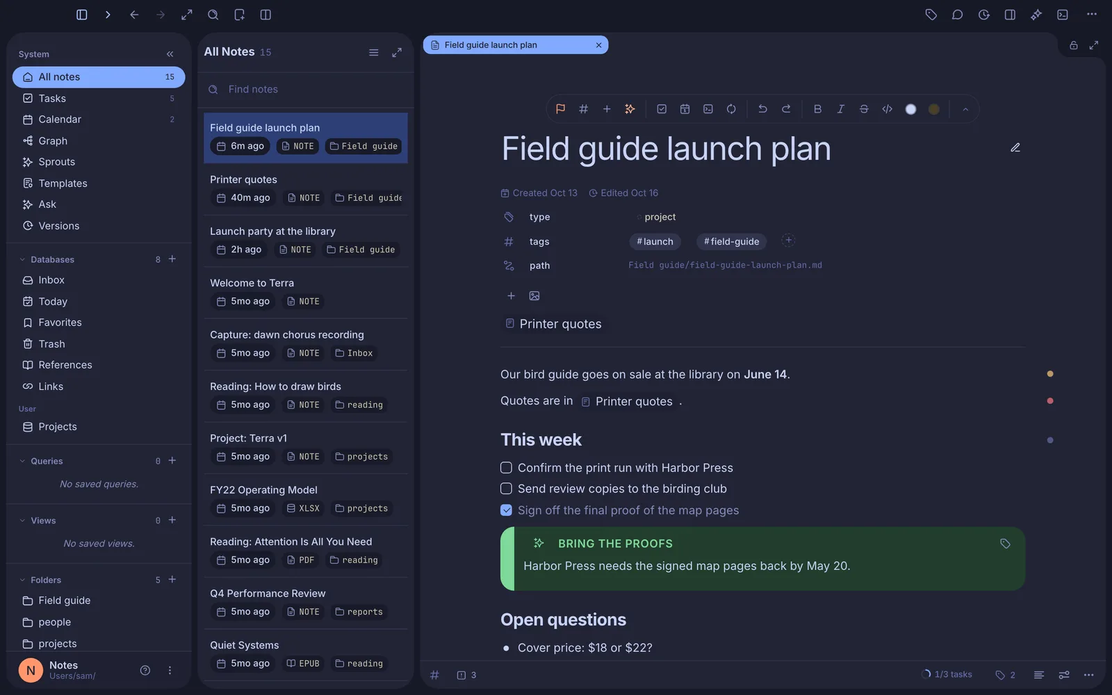 The Terra window in the Tokyo Night Moon theme: dark blue surfaces, pale text and a green Sprout in the launch plan note.