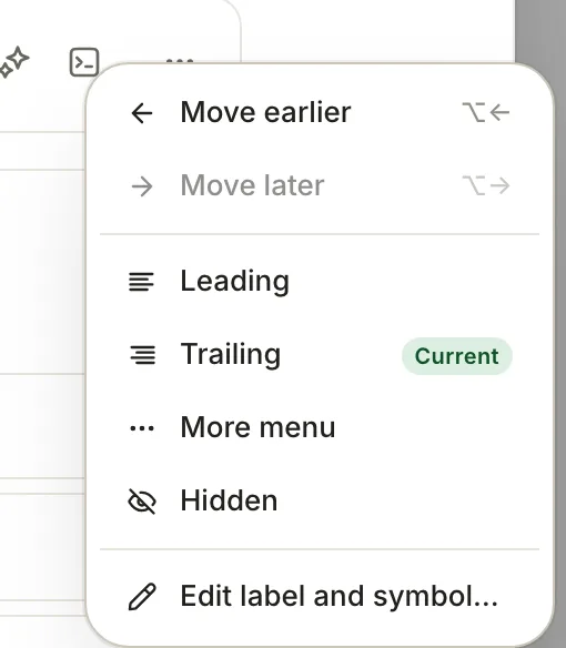 A toolbar button's right-click menu: Move earlier, Move later, Leading, Trailing (current), More menu, Hidden and Edit label and symbol….