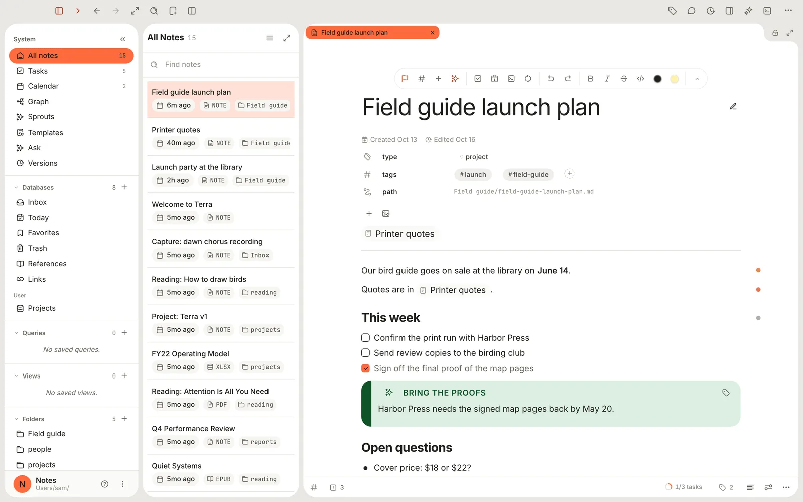 The Terra window: the sidebar on the left, the list of notes beside it, and the Field guide launch plan note open on the right under the toolbar.