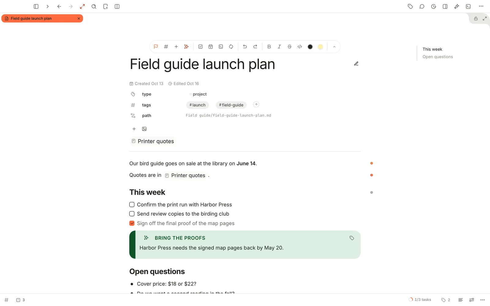 The launch plan in Zen mode: only the toolbar and the note, with the outline of its headings at the right.