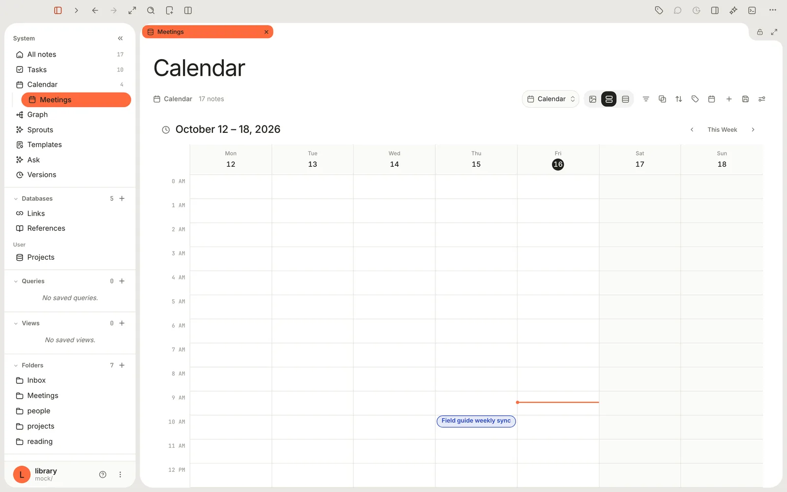 A calendar database called Meetings in Week view, showing 12 to 18 October 2026 with the Field guide weekly sync at 10 AM on Thursday.