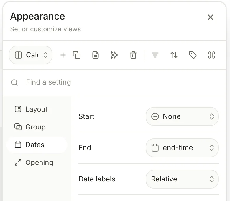 View preferences, Dates: Start set to None, End set to end-time, and Date labels set to Relative.