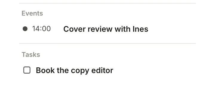 The Calendar drawer's list for Tuesday 20 October: the Cover review with Ines meeting at 14:00 under Events and Book the copy editor under Tasks.