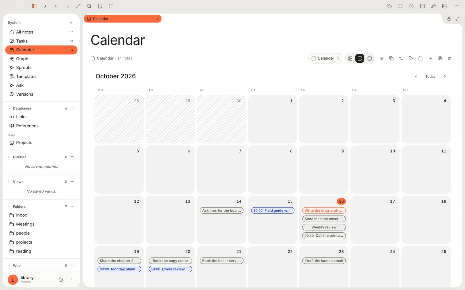 The Calendar showing October 2026 as a month grid. Meetings show their start time; tasks sit on their due dates, today's in-progress task outlined in orange.