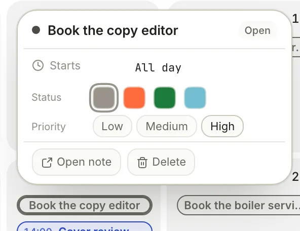 The card for the task Book the copy editor: status colours, priority buttons with High selected, and Open note and Delete buttons.