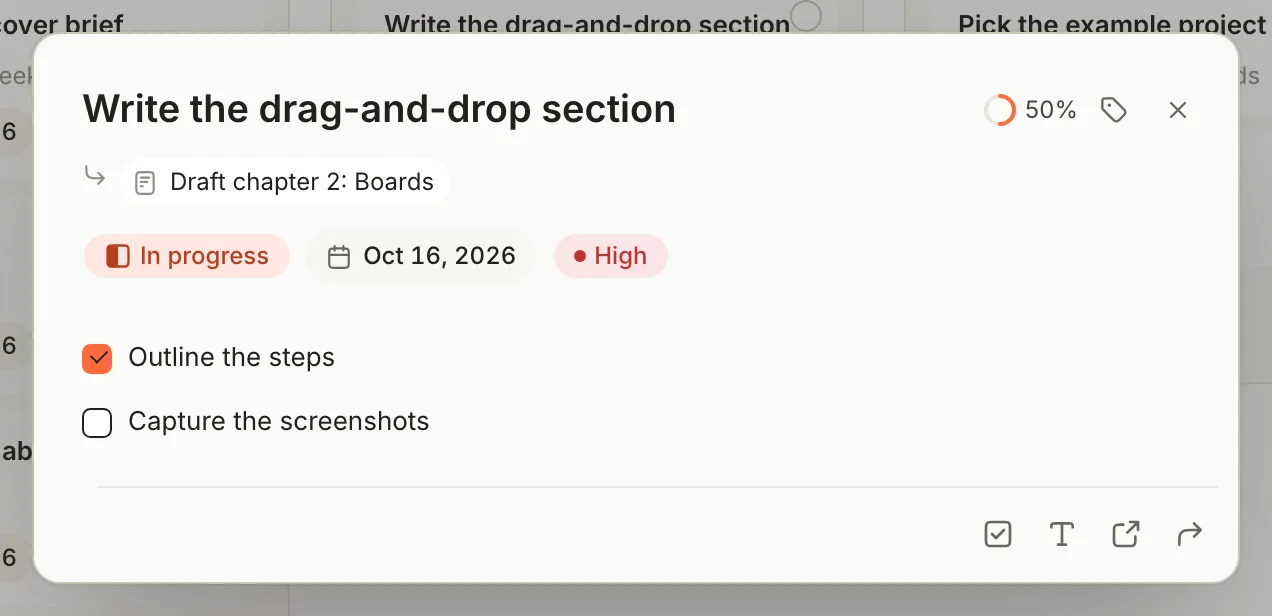 The Edit task dialog for Write the drag-and-drop section: the note name, an In progress status pill, a due date and High priority pills, two subtasks and a 50% progress ring.