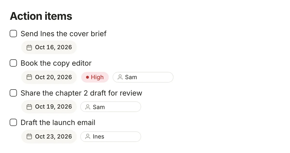 The Action items section in the editor: four tasks with pills for their due dates, a High priority, and Sam or Ines as assignee.